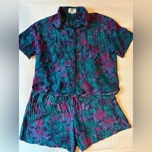 Vintage 90s Tropical Leaf Print Shirt and Shorts Set, Teal Purple. Size Large